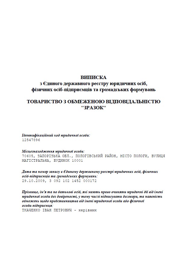 Виписка про державну реєстрацію юридичної особи